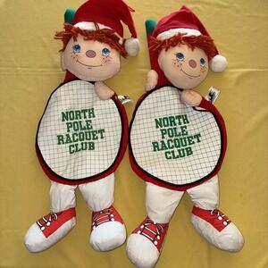 2 Santa's Best North Pole Racquet Club Plush Elf With Santa Cap Tennis Christmas